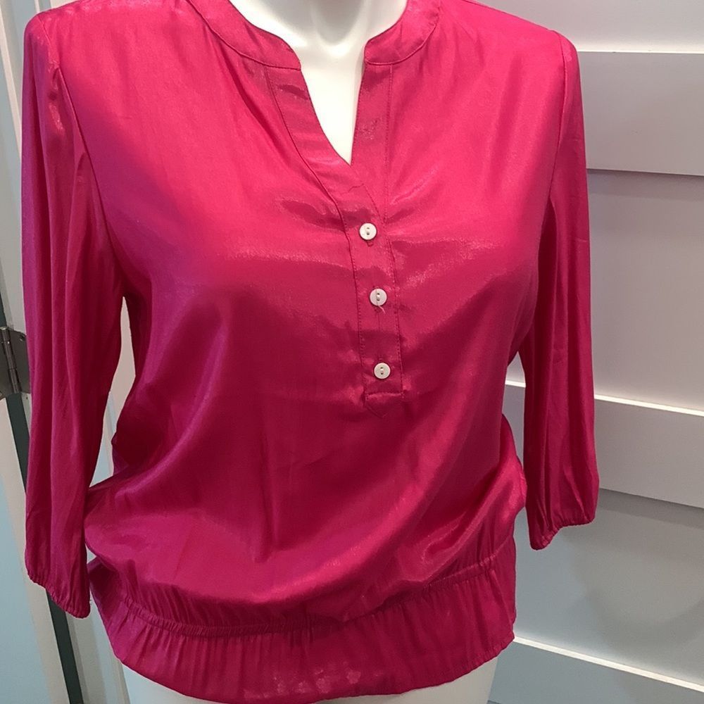 Chico’s Shimmering Pink Peplum Long Sleeve Blouse Size 2